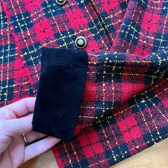 Vintage 90s Brioche Red Plaid Velvet Trim Double Breasted Textured Jacket M - Picture 5 of 6